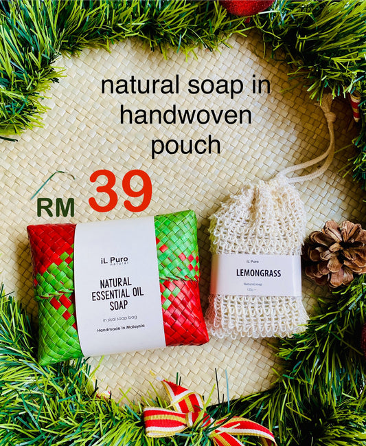 Natural essential oil soap in mengkuang pouch