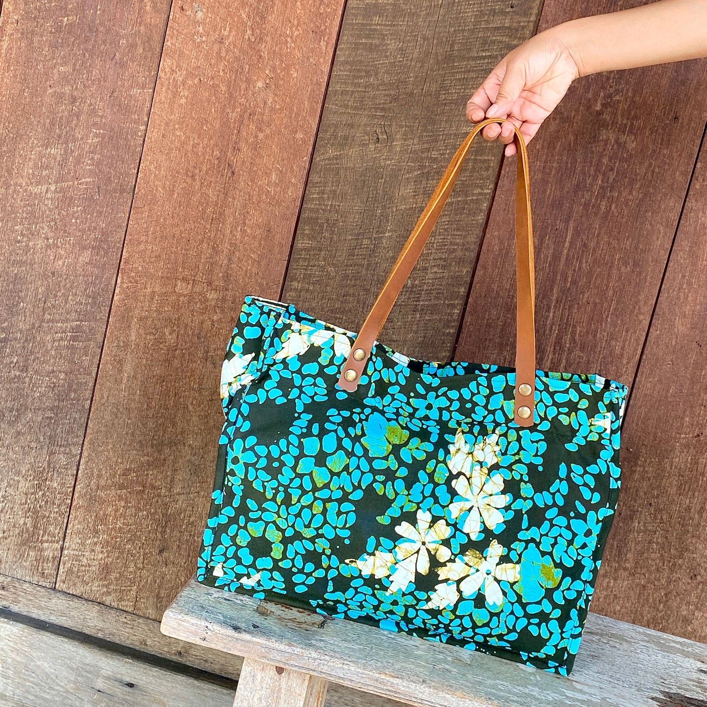 Batik Tote Bag with leather handle